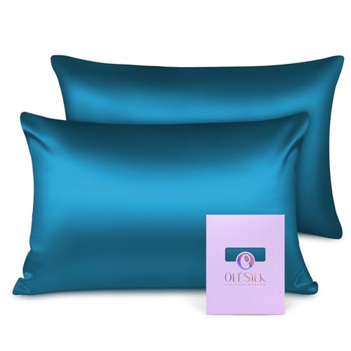 OLESILK Seide Kissenbezug Kissenhülle Haar- und Hautpflege mit Reißverschluss 16 Momme 2 Stücke Pfaublau 40x80cm von OLESILK