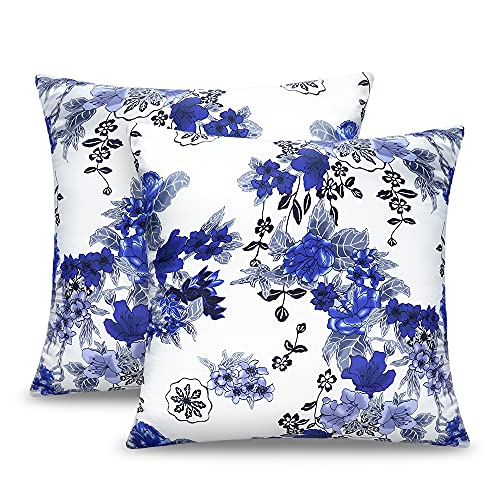 OLESILK Seide Kissenbezug Kissenhülle Haar- und Hautpflege mit Verstecktem Reißverschluss und Blaue Blumen Gedruckt, 2er Pack, 40x40cm von OLESILK