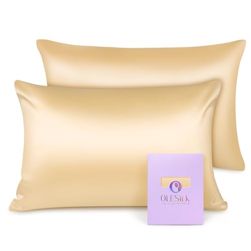 OLESILK Seide Kissenbezug Kissenhülle Haar- und Hautpflege mit Reißverschluss 16 Momme 2er Set Gold 50x90cm von OLESILK