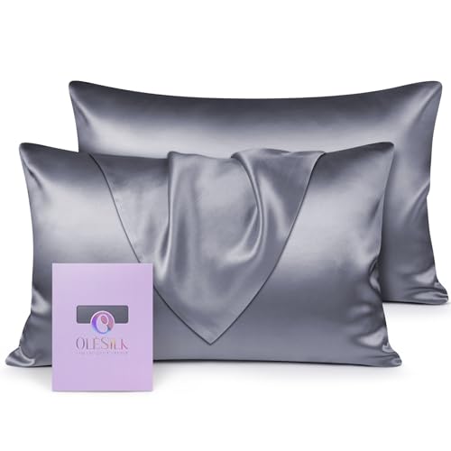 OLESILK Seide Kissenbezug Kissenhülle Haar- und Hautpflege mit Verstcktem Reißverschluss 19 Momme 2 Stücke Eisengrau 50x75cm von OLESILK