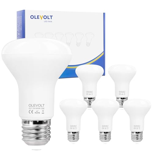OLEVOLT Led Birne E27 Dimmbar Kaltweiß 6000K, 7W E27 LED Leuchtmitte Ersatz Halogenlampen 60W, 120°Abstrahlwinkel, LED R63 Reflektor E27 LED Glühbirne 6 Stück von OLEVOLT