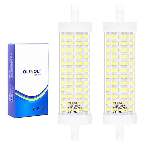 OLEVOLT R7S LED 118mm Dimmbar Kaltweiß 6000K, 17W LED R7S 118mm Ersetzt 150W R7S Halogenstab 118mm led Leuchtmittel R7S 118mm, R7S LED Stablampen für Baustrahler,Landschaftslichter,Sicherheit, 2 Stück von OLEVOLT