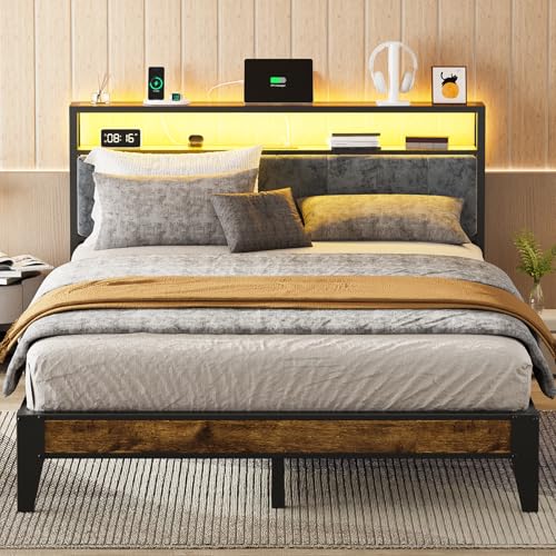 OLEVS Queen-Size-Bettgestell Metall Plattformbett Queen-Size-Schlafzimmermöbel mit Stauraum & LED-Licht Kopfteil, Typ C & USB-Ladestation, kein Boxspring erforderlich von OLEVS