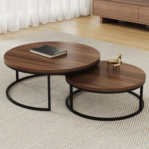 OLEYLUCKIDEA Couchtisch rund Holz 2er-Set, Wohnzimmertisch rund mit schwarzem Metallgestell, moderner Beistelltisch für Wohnzimmer, Schlafzimmer & Balkon, 80x80x45 cm (60x60x35 cm) (walnuss braun) von OLEYLUCKIDEA