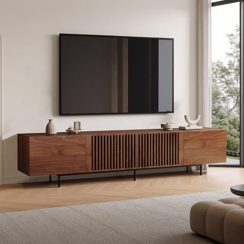 OLEYLUCKIDEA Moderner TV Schrank für 75-Zoll-TV, Fernsehtisch mit großem Stauraum, Fernsehschrank Medienkonsole für Wohnzimmer und Schlafzimmer, Walnussfarbe (240cm) von OLEYLUCKIDEA