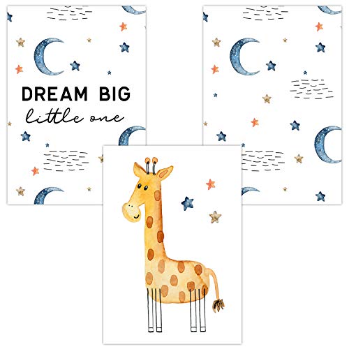 Olgs Wandbilder 3er Set für Baby & Kinderzimmer Deko Poster | Kunstdruck DIN A4 ohne Rahmen und Dekoration Tiere (Junge/Mädchen) (W13 Dream Big Giraffe) von Olgs