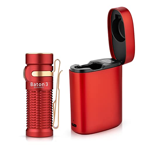 OLIGHT Baton 3 Kit Mini LED Taschenlampe mit Drahtlosem Ladecase, bis zu 94 Tage Laufzeit, Superhelle 1200 Lm 166m Leuchtweite 6 Lichtmodi IPX8 Wiederaufladbare Handlampe für Camping, Notfälle Rot von OLIGHT