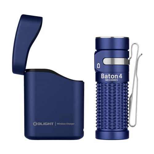 OLIGHT Baton 4 kit Mini LED Taschenlampe Wiederaufladbare mit dimmbarem Ladecase, Handlampe bis zu 190 Tage Laufzeit, 1300Lm 170m Leuchtweite superhell klein Flashlight für Alltag, IPX8 Blau von OLIGHT