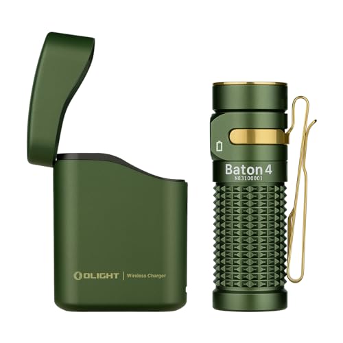 OLIGHT Baton 4 kit Mini LED Taschenlampe Wiederaufladbare mit dimmbarem Ladecase, Handlampe bis zu 190 Tage Laufzeit, 1300Lm 170m Leuchtweite superhell klein Flashlight für Alltag, IPX8 OD Grün von OLIGHT