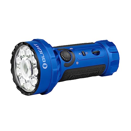 OLIGHT Marauder Mini LED Taschenlampe Super Hell 7000 Lumen 600 Meter Wiederaufladbare Taschenlampe mit Strahler und Flutlicht, 3 Arten farbiger LEDs mit Abstandssensor für Outdoor (Blau) von OLIGHT