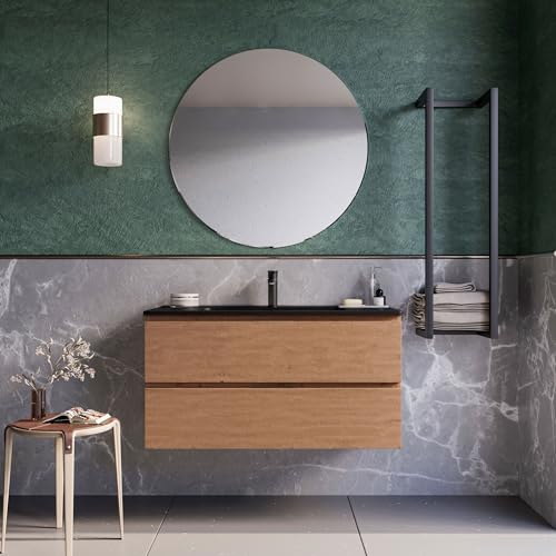 OLIMPO DOCCE Hängender Badezimmerschrank 100 cm Eiche Cartagena Waschbecken schwarz matt Spiegel ARMONY - mit Spiegel von OLIMPO DOCCE