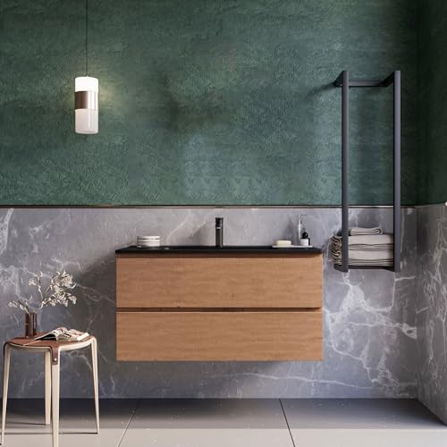 OLIMPO DOCCE Hängender Badezimmerschrank 100 cm Eiche Cartagena Waschbecken schwarz matt Spiegel ARMONY - ohne Spiegel von OLIMPO DOCCE