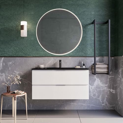 OLIMPO DOCCE Hängender Badezimmerschrank 80 cm weiß Waschbecken schwarz matt Spiegel Armony - LED-Spiegel mit Hintergrundbeleuchtung von OLIMPO DOCCE