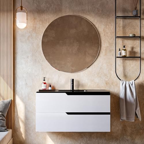 OLIMPO DOCCE JAGUAR Badezimmermöbel 80 cm weiß Porzellan Waschbecken schwarz matt – ohne Spiegel von OLIMPO DOCCE