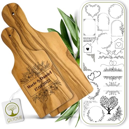 2er Set Schneidebrett mit Griff personalisiert, Olivenholz - Rustikales Olivenholzbrett mit Gravur als individuelles Hochzeitsgeschenk 2er Set Schneidebrett mit Griff personalisiert, Olivenholz - Rustikales Olivenholzbrett mit Gravur als individuelles Hochzeitsgeschenk von OLIQUE