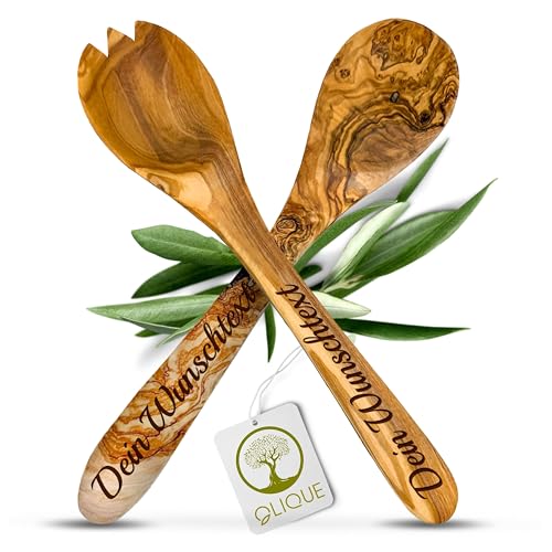 Salatbesteck personalisiert, Olivenholz - Handgemachtes Salat Besteck Set mit Gravur als individuelles Geschenk (36 cm) von OLIQUE