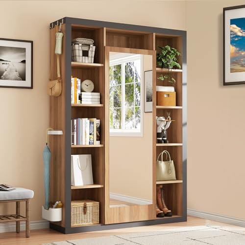 Flurgarderobe mit Spiegel, Multifunktionsgarderobe mit Kleiderhaken und Türen, Bücherregalkombination mit Offene Fächer, für Flur Eingangsbereich und Schlafzimmer, 115x30x165cm, Grauschwarz und Holzf von OLIVIBED
