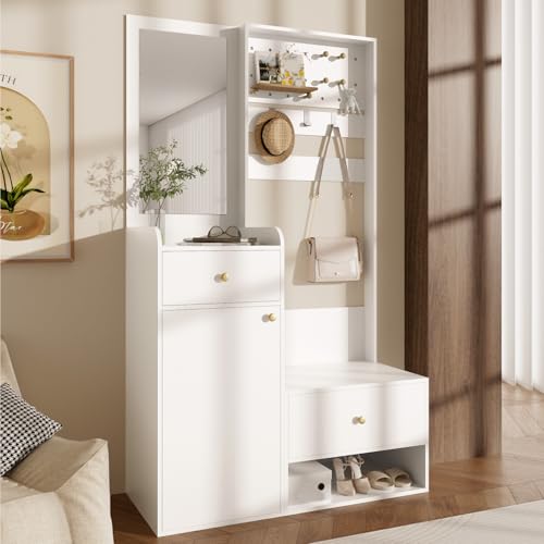 Garderobe Set mit Schuhbank, Garderobenschrank mit Schublade und Türen, Kompaktgarderobe mit Kleiderhaken und Offene Regale, Flurgarderobe für flur, Eingangsbereich, 105x38x180cm, Weiß (Weiß) von OLIVIBED