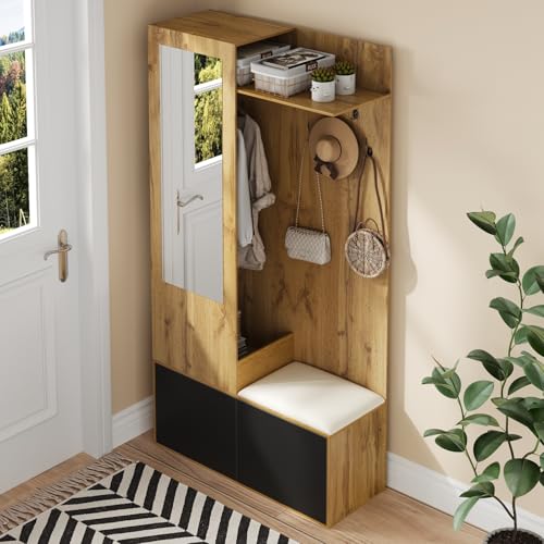 Garderoben-Set mit 5 Kleiderhaken, Flurgarderobe Set mit Schuhbank und Spiegel, Kompaktgarderobe mit Türen, Gaderobenschränke Flur Set für den Eingangsbereich, 100x38x191cm, Holzfarbe (100x38x191cm) von OLIVIBED