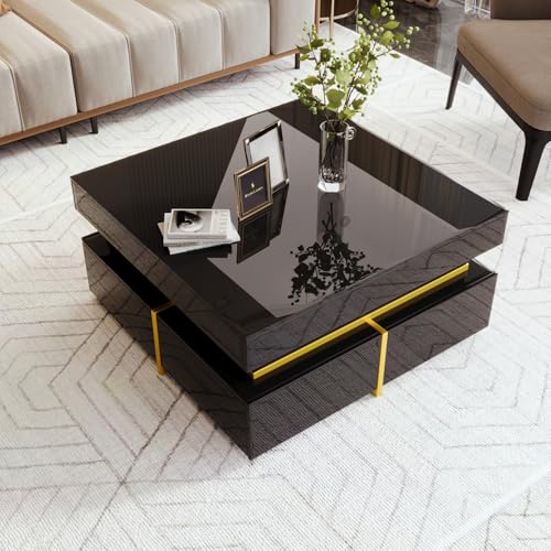 Hochglanz-Wohnzimmertisch, Couchtisch mit Schubladen und Goldenen Akzenten, Coffe Table mit Stauraum, Sofatisch für Wohnzimmer, Büro, Balkon, Griffloses Design, 70x70x35.5cm, Schwarz (Schwarz) von OLIVIBED