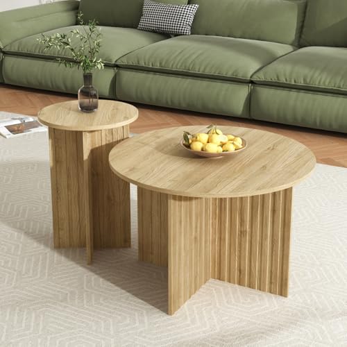 OLIVIBED 2er-Set Runder Couchtische, Coffee Table & Kaffeetische im Landhausstil, Modernes Wohnzimmertisch für Wohnzimmer, Schlafzimmer, Balkon und Büro, PB, Holzfarbe (76x76x50cm + 40x40x56.5cm) von OLIVIBED