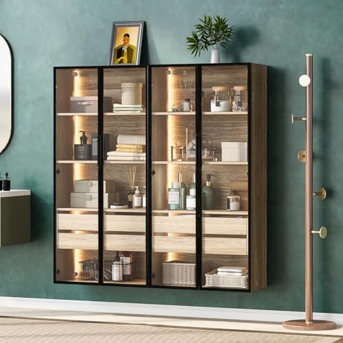 OLIVIBED 2er-Set Vitrinenschrank mit LED, Hochschrank mit 2 Schubladen und 2 Glastüren, Glasschrank mit 3-stufigen Einlegeböden, für Wohnzimmer, Standvitrine, 74x36x155cm, Natur (2) von OLIVIBED