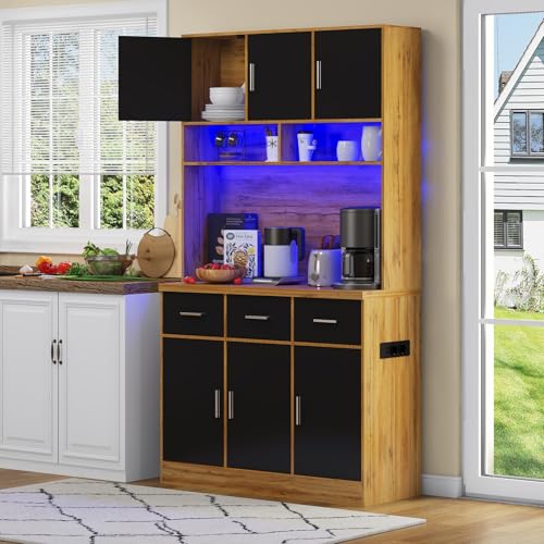 OLIVIBED Buffetschrank mit Arbeitsplatte, Moderner Vorratsschrank für Küche mit Steckdosenleiste, Multifunktionales Buffet mit 3 Schubladen, Schwarz, 100x38x180cm von OLIVIBED