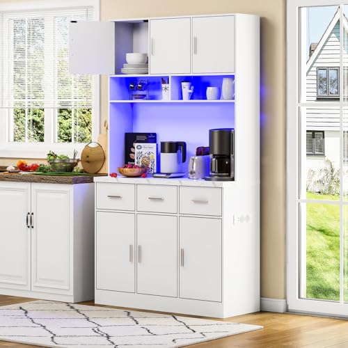 OLIVIBED Buffetschrank mit Arbeitsplatte, Moderner Vorratsschrank für Küche mit Steckdosenleiste, Multifunktionales Buffet mit 3 Schubladen, Weiß, 100x38x180cm von OLIVIBED