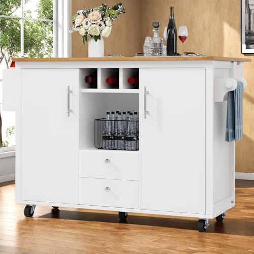 OLIVIBED Kücheninsel mit Klappbare Tischplatte, Küchenwagen mit 2 Schubladen und 2 Türen, Küchenschrank mit Rollen und Offene Fächer, Kitchen Island für Küche, Esszimmer, 120x73(45) x92cm, Weiß von OLIVIBED