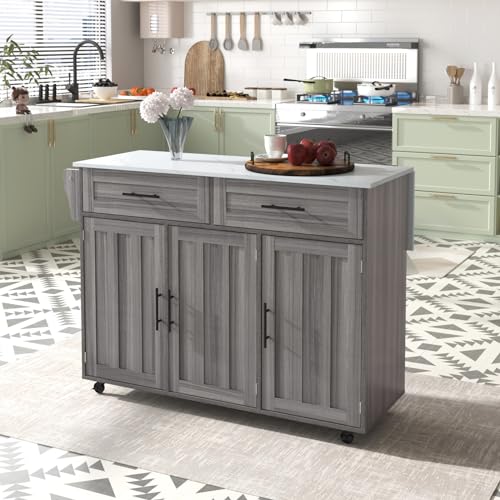 OLIVIBED Kücheninsel mit Klapptischplatte, Küchenwagen mit 3 Türen und 2 Schubladen, Buffetschrank Servierwagen mit Rollen, Kitchen Island für Esszimmer, Küche, 129x46(71) x91.5cm, Gray (Grau) von OLIVIBED