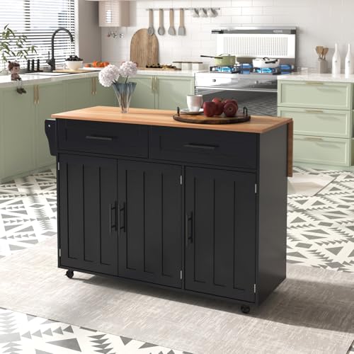 OLIVIBED Kücheninsel mit Klapptischplatte, Küchenwagen mit 3 Türen und 2 Schubladen, Buffetschrank Servierwagen mit Rollen, Kitchen Island für Esszimmer, Küche, 129x46(71) x91.5cm, Schwarz von OLIVIBED