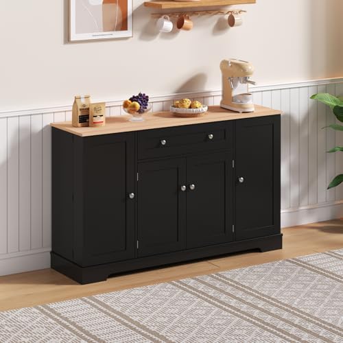 OLIVIBED Küchenschrank mit Arbeitsplatte, Sideboard mit Schublade und Türen, Esszimmerschrank mit Verstellbaren Einlegeböden, für Wohnzimmer Küche Esszimmer, 138x40x85cm, Schwarz (Schwarz) von OLIVIBED