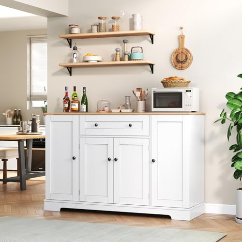 OLIVIBED Küchenschrank mit Arbeitsplatte, Sideboard mit Schublade und Türen, Esszimmerschrank mit Verstellbaren Einlegeböden, für Wohnzimmer Küche Esszimmer, 138x40x85cm, Weiß und Holz OLIVIBED Küchenschrank mit Arbeitsplatte, Sideboard mit Schublade und Türen, Esszimmerschrank mit Verstellbaren Einlegeböden, für Wohnzimmer Küche Esszimmer, 138x40x85cm, Weiß und Holz von OLIVIBED