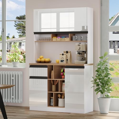 OLIVIBED Küchenschrank mit Verstellbaren Ablagen, Buffetschrank mit Türen und Schubladen, Hochglanz Vitrinenschrank mit Offene Fächer, für Wohnzimmer Esszimmer, Küche, 185x105x45cm, Weiß OLIVIBED Küchenschrank mit Verstellbaren Ablagen, Buffetschrank mit Türen und Schubladen, Hochglanz Vitrinenschrank mit Offene Fächer, für Wohnzimmer Esszimmer, Küche, 185x105x45cm, Weiß von OLIVIBED