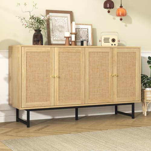 OLIVIBED Rattan Sideboard, Kommode mit 4 Schiebetüren und Offenes Fach, Esszimmeranrichte mit Griffe und Beine, für Wohnzimmer, Esszimmer, Küche, Landhausstil, Holzfarbe, 155x38x80cm OLIVIBED Rattan Sideboard, Kommode mit 4 Schiebetüren und Offenes Fach, Esszimmeranrichte mit Griffe und Beine, für Wohnzimmer, Esszimmer, Küche, Landhausstil, Holzfarbe, 155x38x80cm von OLIVIBED