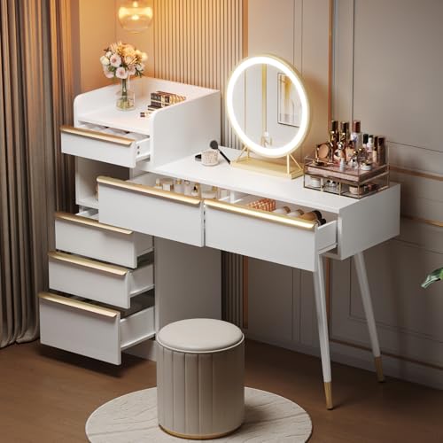 Schminktisch mit Spiegel, Dressing Table mit Seitenschrank, Dressing Table with Mirror, Vanity Desk mit 6 Schubladen und Goldgriffen, Frisierkommode mit Ablagefächern, 102x41.5x100cm, weiß von OLIVIBED
