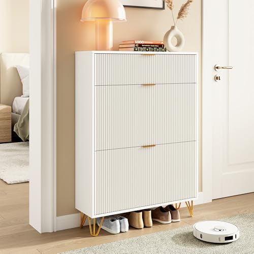 OLIVIBED Schuhschrank 3 Klapptüren, Schmale Schuhkommode mit Tür und Verstellbare Regale, Shoes Cabinet mit Stauraum, für Eingang, Flur, Eingangsbereich, Streifendesign, Weiß, 80x24x118.5cm von OLIVIBED