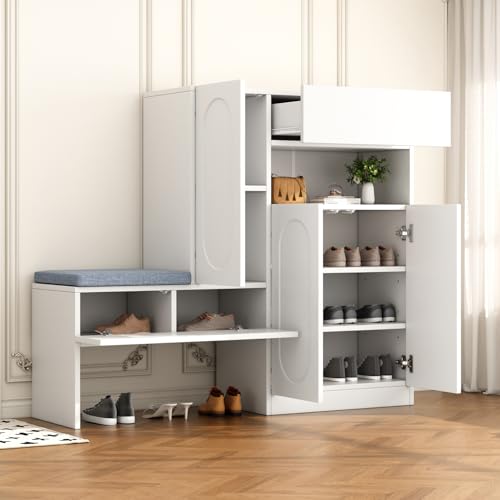OLIVIBED Schuhschrank mit Türen, Schuhbank mit Sitzbank und Schublade, Multifunktionales Shoes Cabinet mit Verstellbaren Regalen, für Flur, Eingangsbereich, Weiß, 130x35x110cm OLIVIBED Schuhschrank mit Türen, Schuhbank mit Sitzbank und Schublade, Multifunktionales Shoes Cabinet mit Verstellbaren Regalen, für Flur, Eingangsbereich, Weiß, 130x35x110cm von OLIVIBED