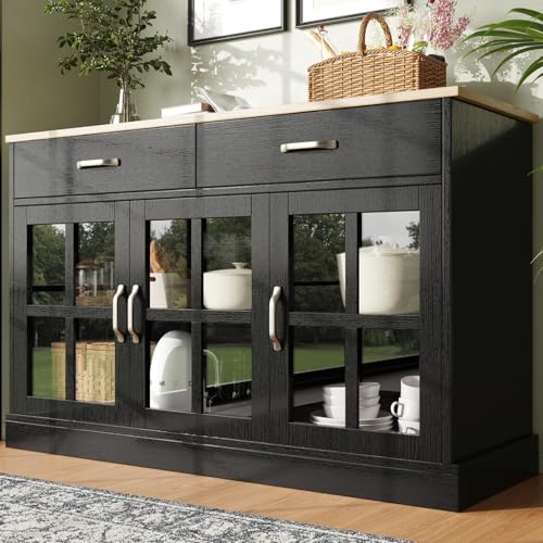 OLIVIBED Sideboard mit 3 Glastüren, Moderne Kommode mit 3 Türen und 2 Schubladen, Küchenbuffet mit verstellbaren Regale, Anrichte Vitrine für Schlafzimmer, Wohnzimmer, Schwarz, 120x40x84cm von OLIVIBED