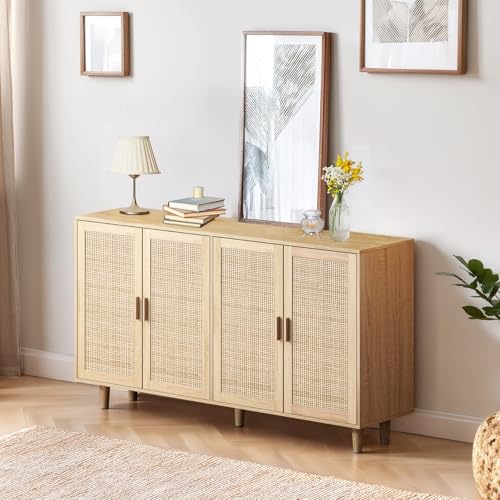OLIVIBED Sideboard mit Verstellbaren Ablagen, Rattan Kommode mit Türen und Griffe, Modernen Küchenschrank mit Viel Stauraum für Esszimmer, Wohnzimmer & Schlafzimmer, 158x40x88cm, Natur (Natur) von OLIVIBED