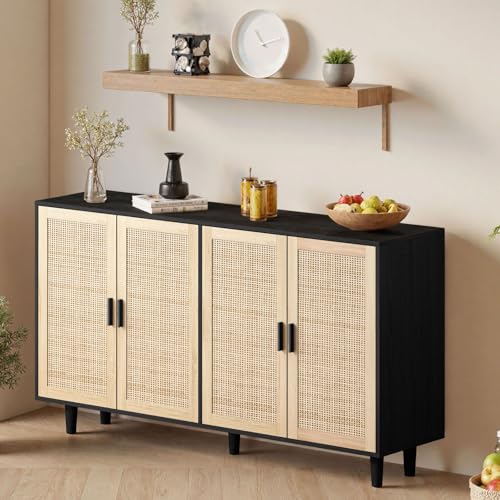OLIVIBED Sideboard mit Verstellbaren Ablagen, Rattan Kommode mit Türen und Griffe, Modernen Küchenschrank mit Viel Stauraum für Esszimmer, Wohnzimmer & Schlafzimmer, 158x40x88cm, Natur und Schwarz OLIVIBED Sideboard mit Verstellbaren Ablagen, Rattan Kommode mit Türen und Griffe, Modernen Küchenschrank mit Viel Stauraum für Esszimmer, Wohnzimmer & Schlafzimmer, 158x40x88cm, Natur und Schwarz von OLIVIBED