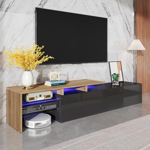 OLIVIBED TV-Schrank mit 2 Schubladen, Moderner Lowboard mit Stauraum, TV-Board für Fernseher 65 ZolI, Hochglanz Fernsehtisch für Wohnzimmer, Schlafzimmer, 170x33x33.5cm, Schwarz und Holz OLIVIBED TV-Schrank mit 2 Schubladen, Moderner Lowboard mit Stauraum, TV-Board für Fernseher 65 ZolI, Hochglanz Fernsehtisch für Wohnzimmer, Schlafzimmer, 170x33x33.5cm, Schwarz und Holz von OLIVIBED