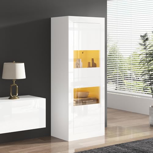 OLIVIBED Vitrinenschrank mit Glasboden, Hochschrank Türen und Viel Stauraum, Moderne Glasvitrine, Vitrine mit Hochglanz-Design, für Wohnzimmer Küche Esszimmer Büro, Weiß, 61x42x162cm von OLIVIBED
