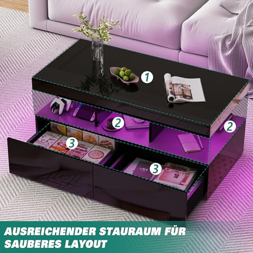 OLIVIBED Wohnzimmertisch mit Stauraum, Kaffeetisch mit Schubladen und Offenes Fach, Rechteckig Couchtisch, Sofatisch für Wohnzimmer, Griffloses Design, Schwarz, 104x46x53cm von OLIVIBED