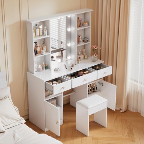 OLIVIBED Moderner Schminktisch, Schmink Tisch mit Schubladen und Hocker, Kosmetiktisch mit Verstellbaren Ablagen, Frisiertisch mit Einstellbarer Helligkeit, für das Schlafzimmer, Weiß (151x110x40cm) von OLIVIBED