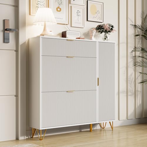 Schuhschrank 3 Klapptüren, Schmale Schuhkommode mit Tür und Verstellbare Regale, Shoes Cabinet mit Stauraum, für Eingang, Flur, Eingangsbereich, Streifendesign, Weiß, 110x24x114.5 cm (110x24x114.5 cm) von OLIVIBED