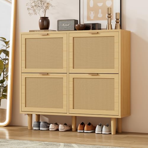 Schuhschrank mit 4 Klappschubladen, Rattan Schuhkommode mit Metallgriffen und Beine, Schuhkipper mit Stauraum, für Flur, Eingangsbereich, Foye, Landhausstil, 100x25x90cm, Naturfarbe (Landhausstil) von OLIVIBED