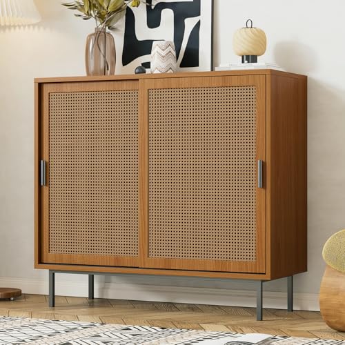 Sideboard mit 2 Schiebetüren, Buffetschrank Küche mit Verstellbaren Fächern und Arbeitsplatte, Landhausstil Kommode aus Holz & Rattan, Küchenschrank für Wohnzimmer, Esszimmer, Walnuss, 100x37x90cm von OLIVIBED