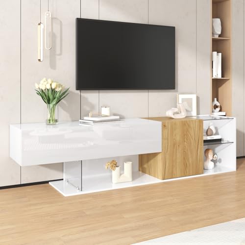 TV-Kommode in Hochglanz, TV Board mit Türen und Klappschubladen, Lowboard mit Offene Fächer, Fernseher Kommode für Fernseher 80 Zoll, Fernseherschrank für Wohnzimmer, Schlafzimmer, Weiß, 180x38x48cm TV-Kommode in Hochglanz, TV Board mit Türen und Klappschubladen, Lowboard mit Offene Fächer, Fernseher Kommode für Fernseher 80 Zoll, Fernseherschrank für Wohnzimmer, Schlafzimmer, Weiß, 180x38x48cm von OLIVIBED