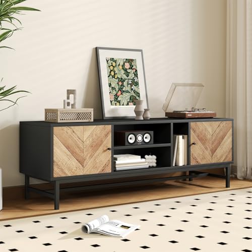 TV-Schrank mit 2 Türen in Holzmuster, Modern Fernsehtisch mit Metallbeinen und Offenes Fach, Fernsehschrank für Schlafzimmer, Wohnzimmer, Kontrastfarbenes Design, 150x38x55cm, Schwarz und Holz TV-Schrank mit 2 Türen in Holzmuster, Modern Fernsehtisch mit Metallbeinen und Offenes Fach, Fernsehschrank für Schlafzimmer, Wohnzimmer, Kontrastfarbenes Design, 150x38x55cm, Schwarz und Holz von OLIVIBED
